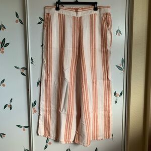 Christian Siriano Linen Cotton Elastic Waist Cream Peach Striped Wide Leg Pants